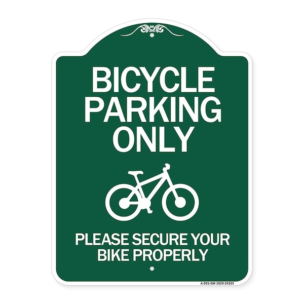 Bicycle Parking Please Secure Your Bike Properly, Green & White Alum Sign, 18" x 24", GW-1824-24319